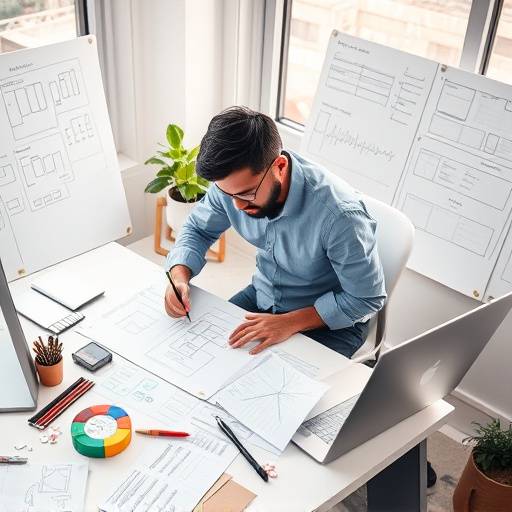 UX design course overview, showing wireframes, user interfaces, and a designer sketching ideas